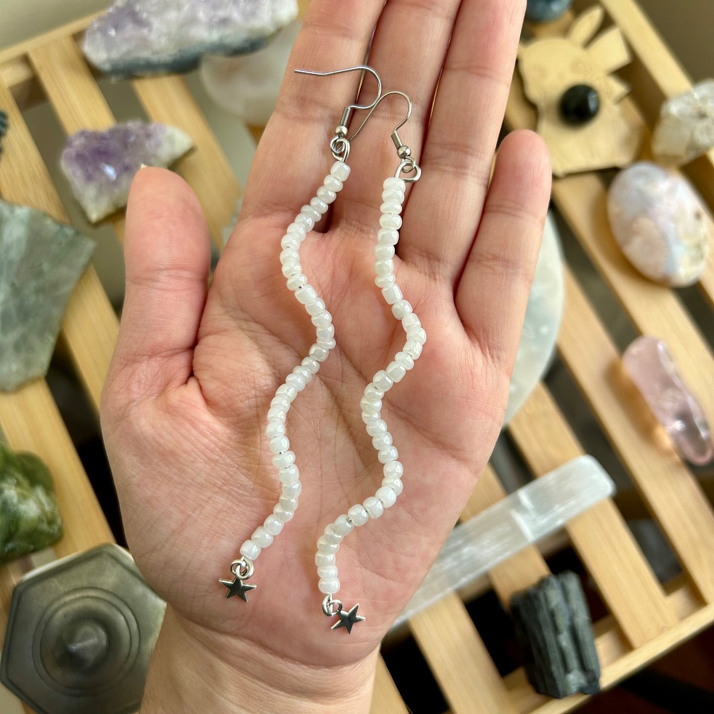 White Curly Beaded Earrings