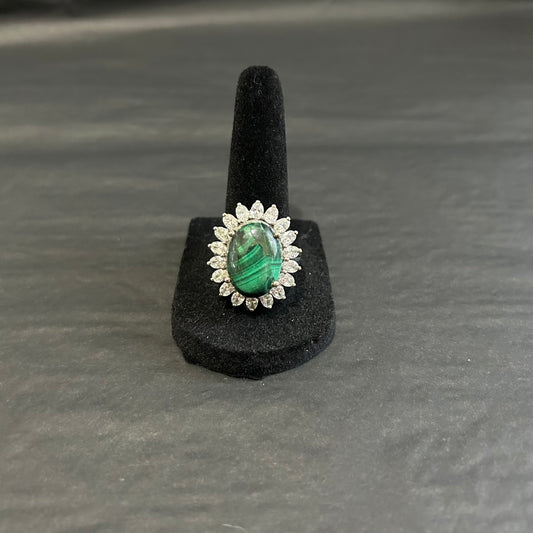 Vintage Malachite & CZ Sterling Silver Ring (SIZE US 9)