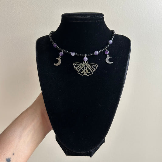 Celestial Amethyst Moth Beaded Necklace