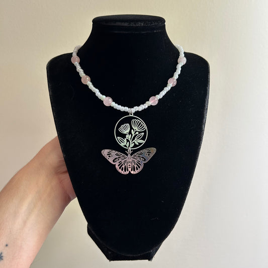 Rose Quartz Butterfly Garden Beaded Necklace
