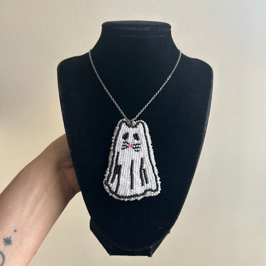 Beaded Cat Ghost Necklace