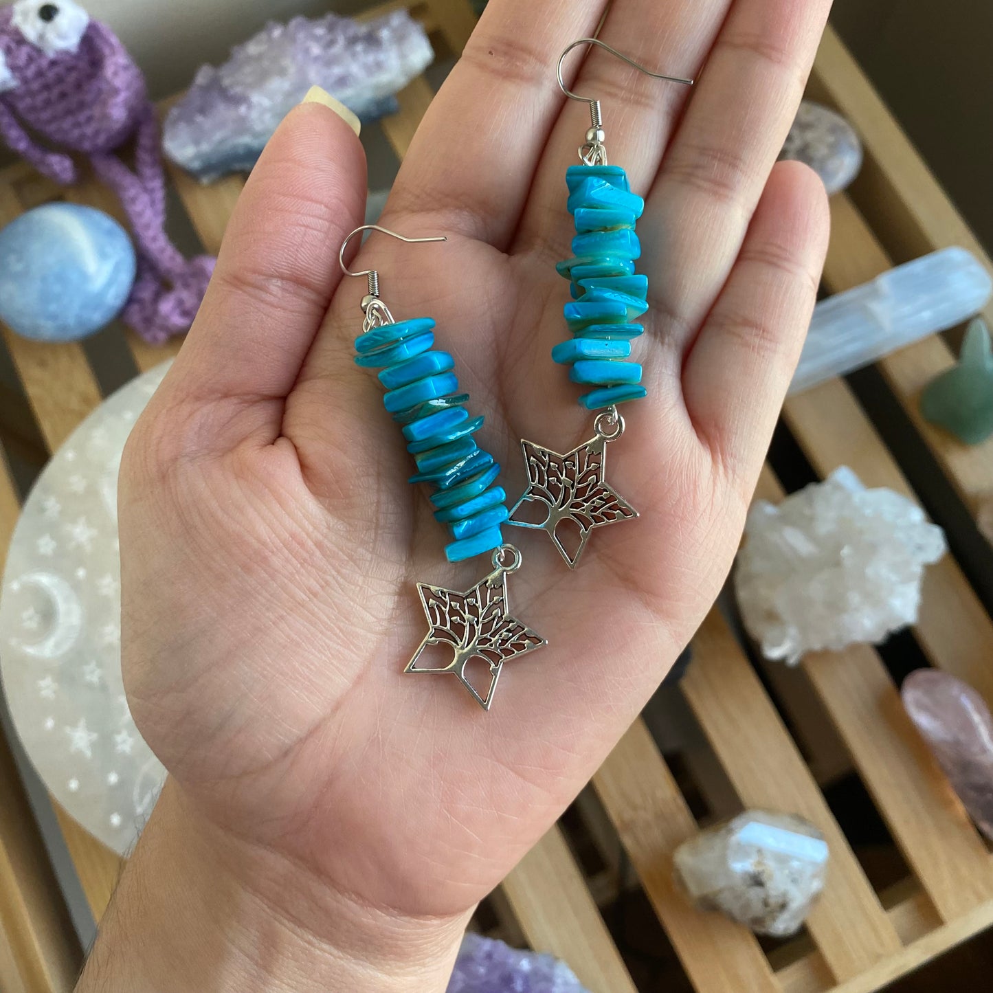 Blue Tree and Star Earrings