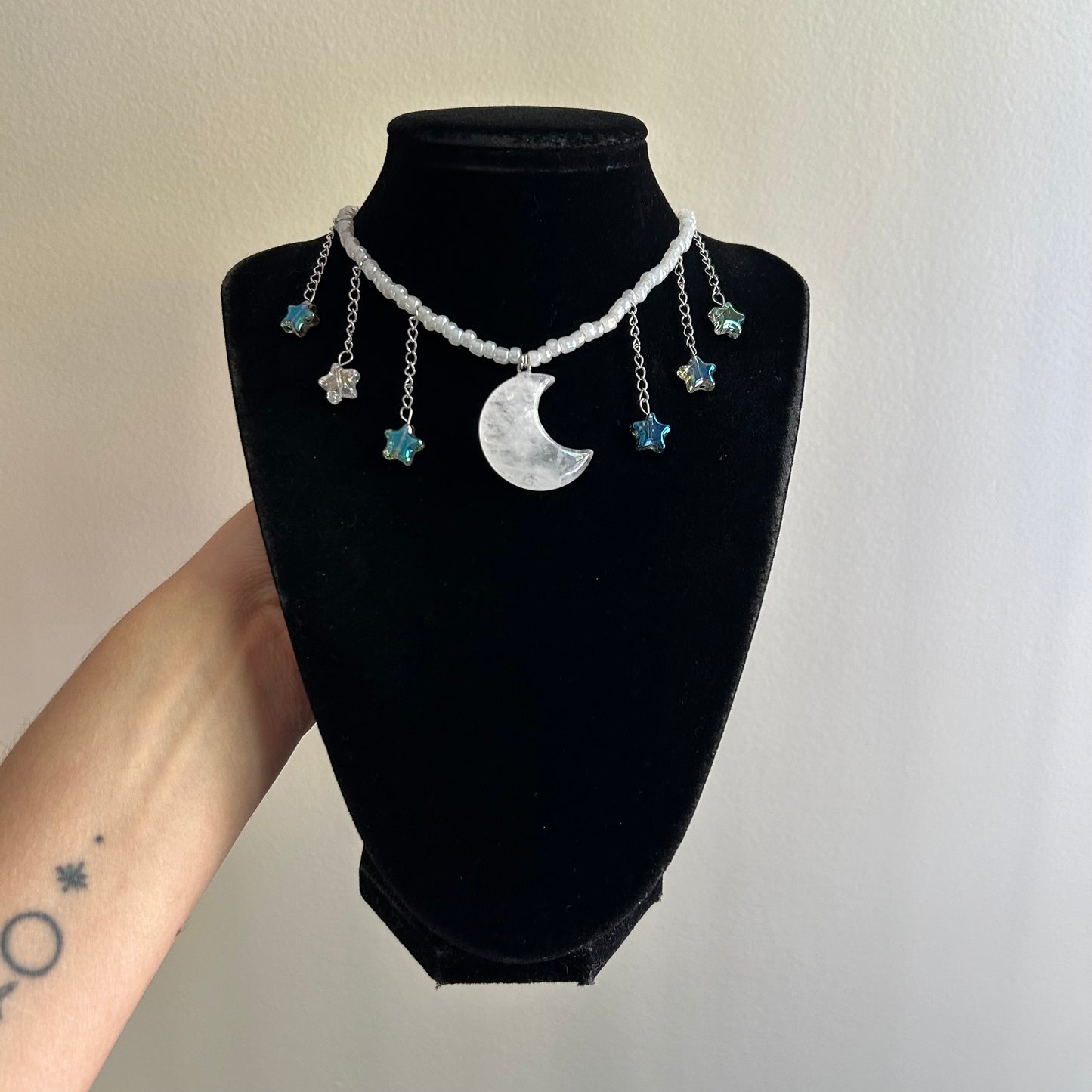 Clear Quartz Moon & Stars Beaded Necklace