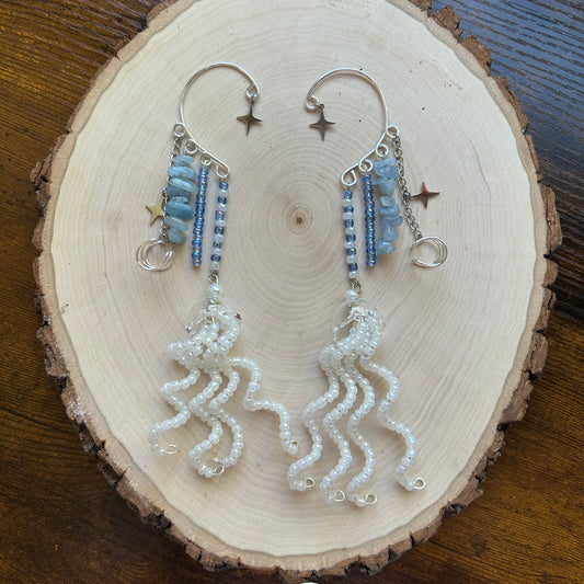 Blue and White Jellyfish Ear Cuffs