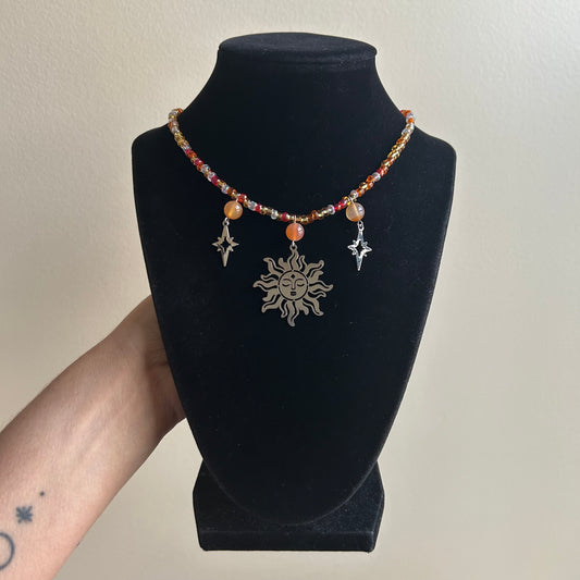 Carnelian Celestial Sun Beaded Necklace