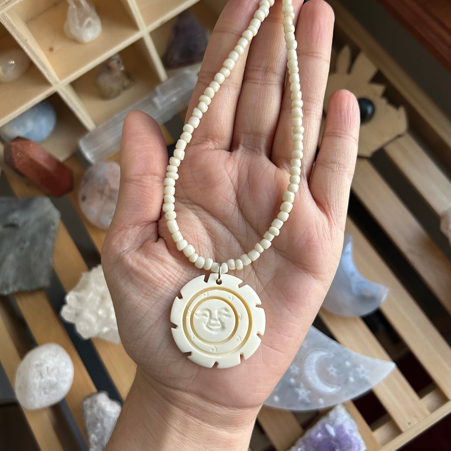 Carved Animal Bone Tribal Beaded Necklace