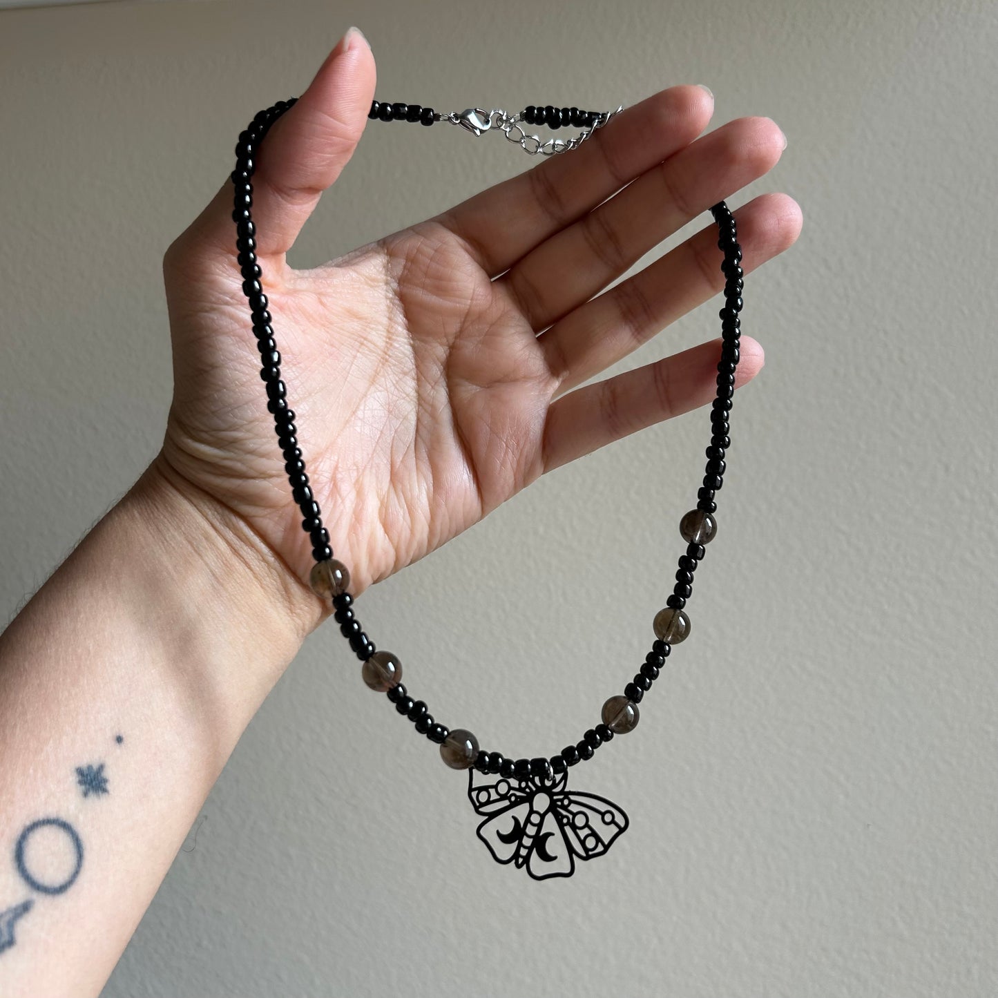 Smokey Quartz Moth Beaded Necklace