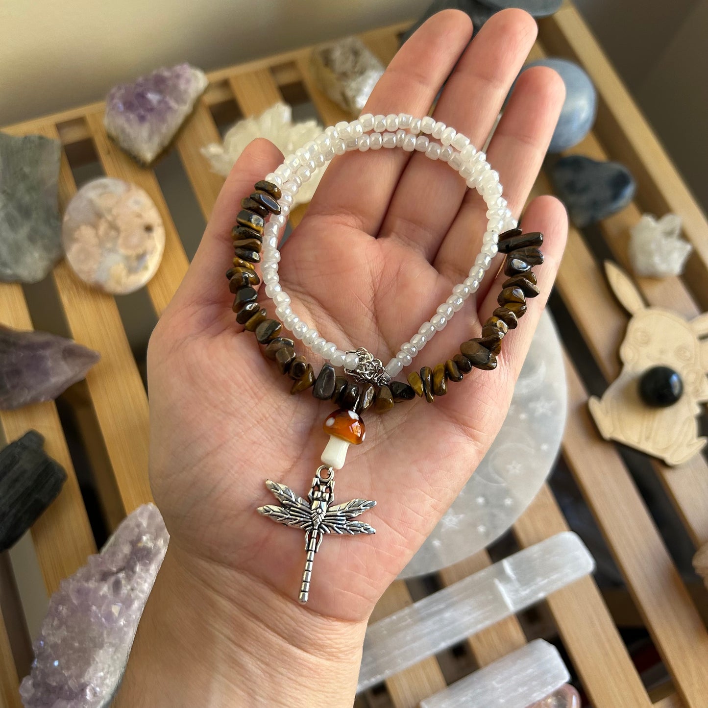 Mushroom Dragonfly Beaded Necklace