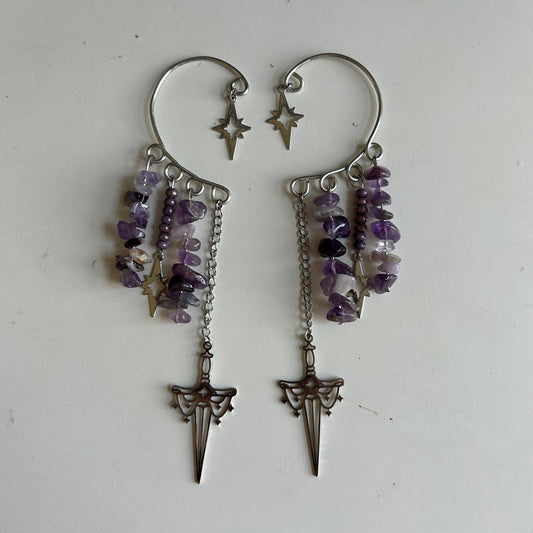 Silver Amethyst Sword Ear Cuffs