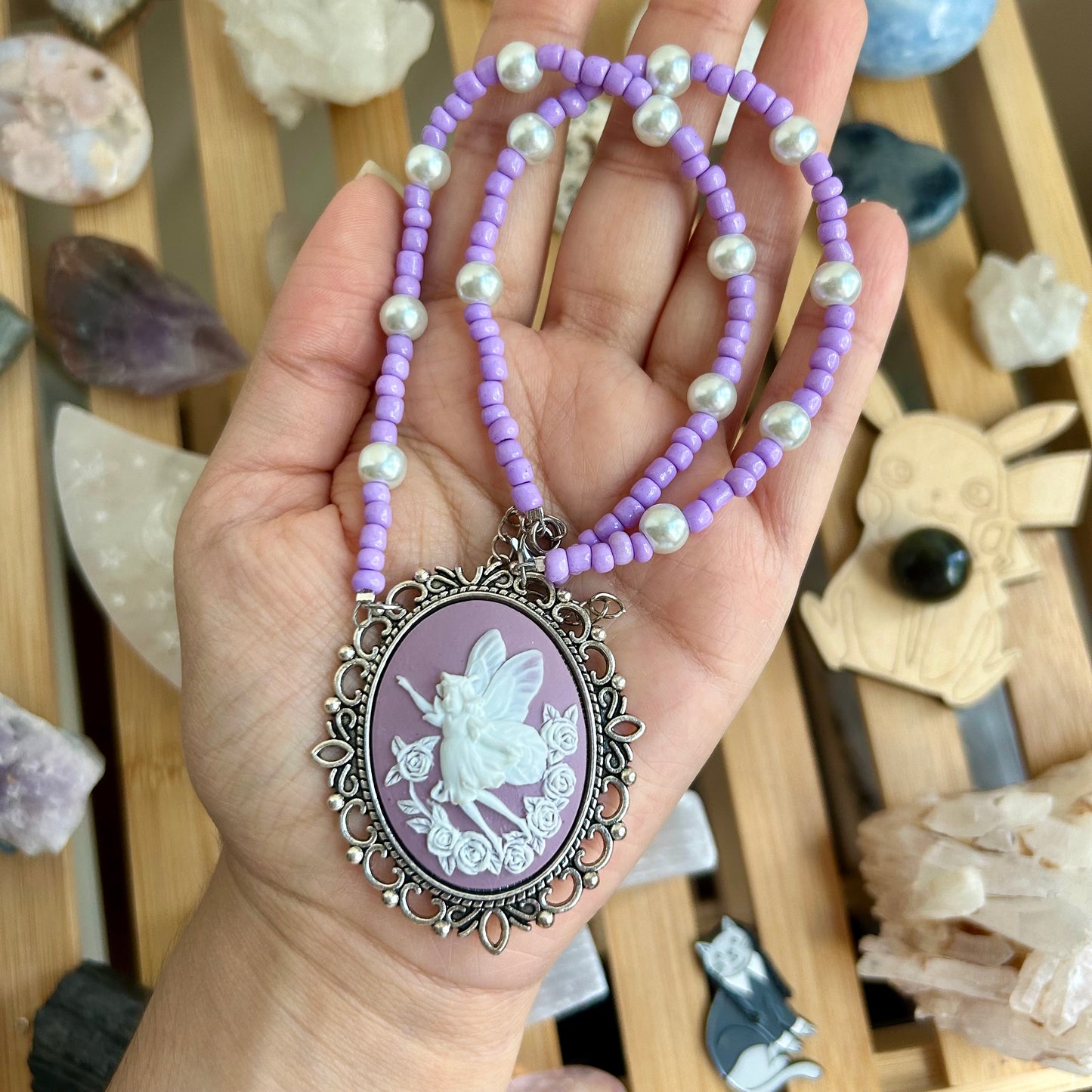 Lavender Fairy Cameo Beaded Necklace