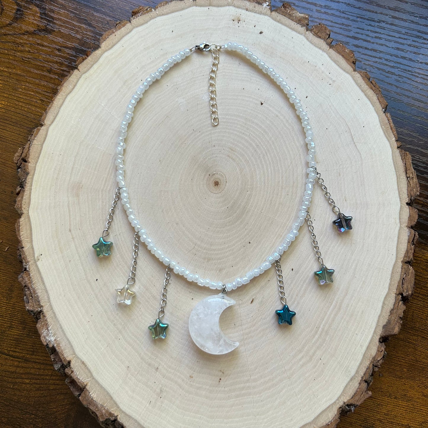 Clear Quartz Moon & Stars Beaded Necklace
