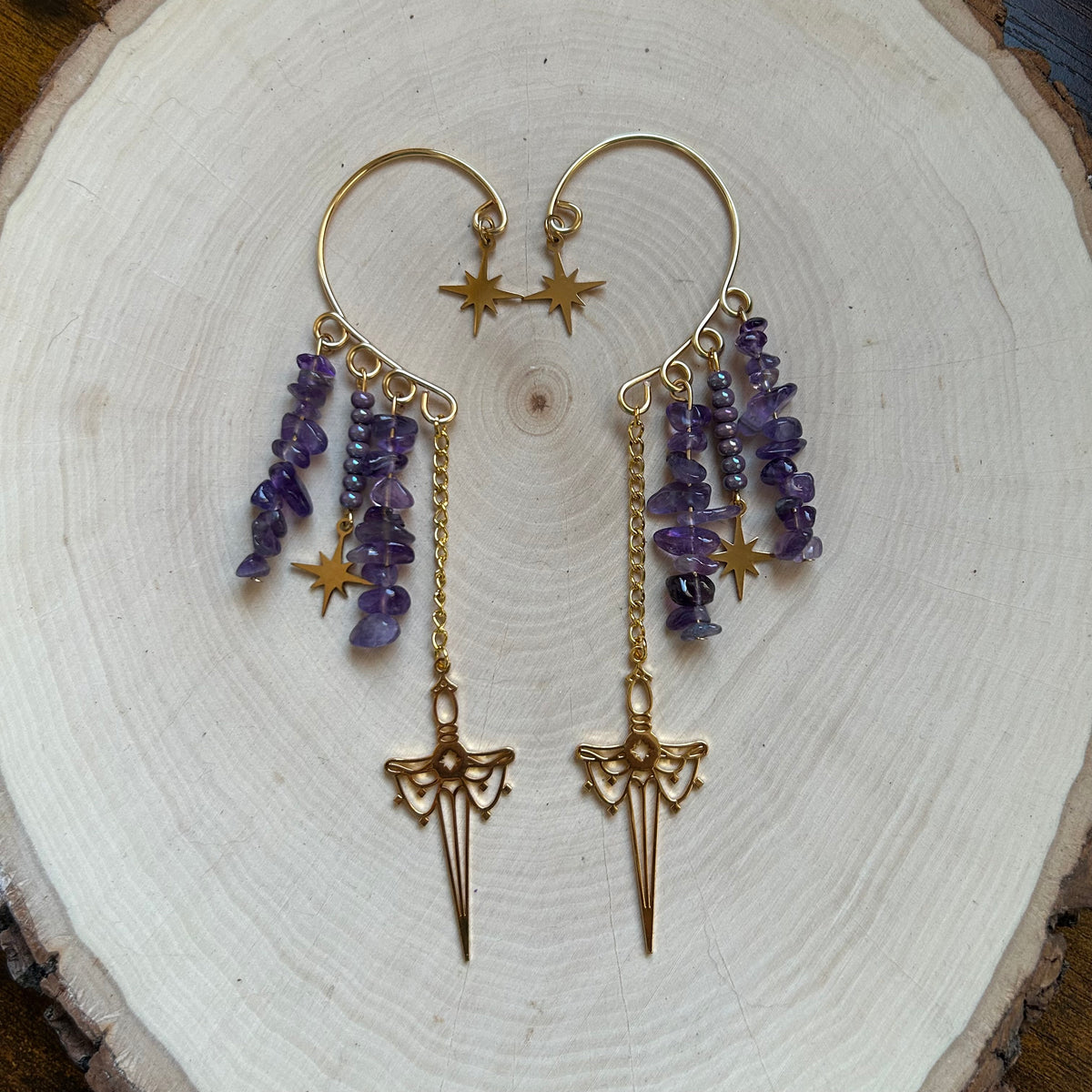 Gold Amethyst Sword Ear Cuffs
