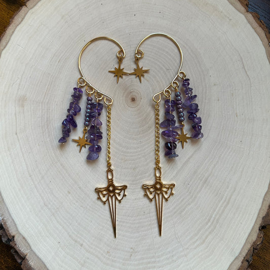 Gold Amethyst Sword Ear Cuffs