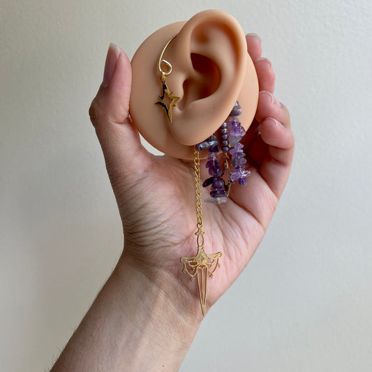 Gold Amethyst Sword Ear Cuffs