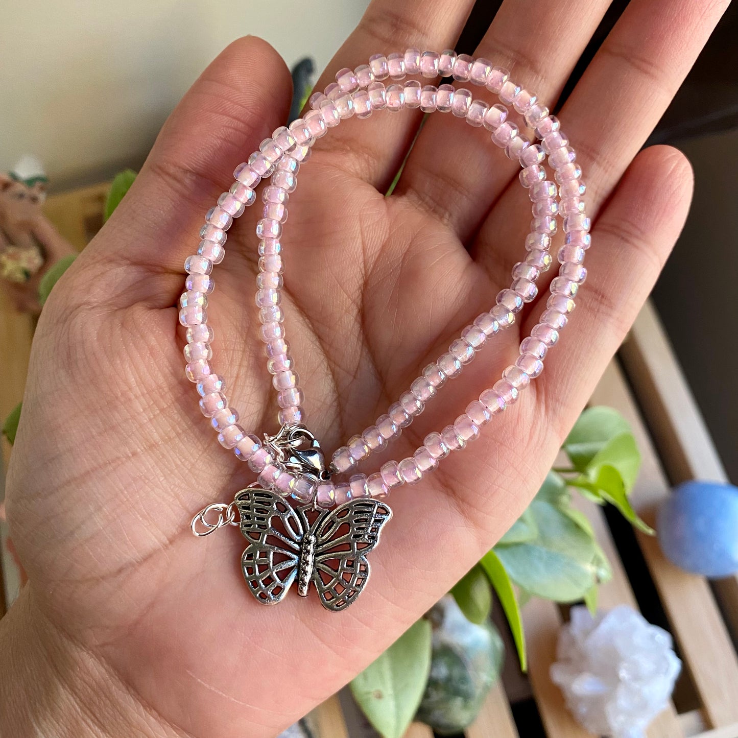 Pink Butterfly Beaded Necklace