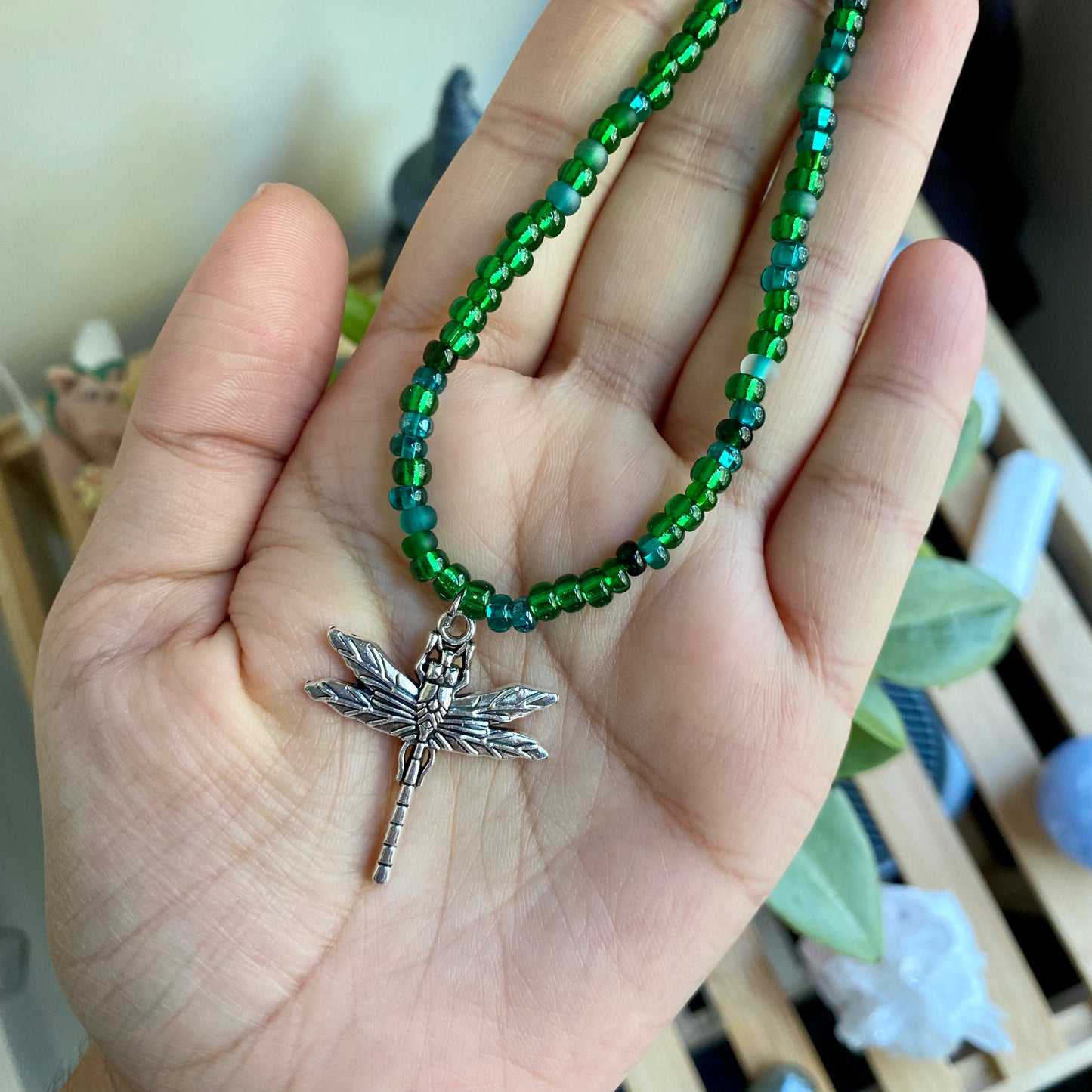 Green Dragonfly Beaded Necklace