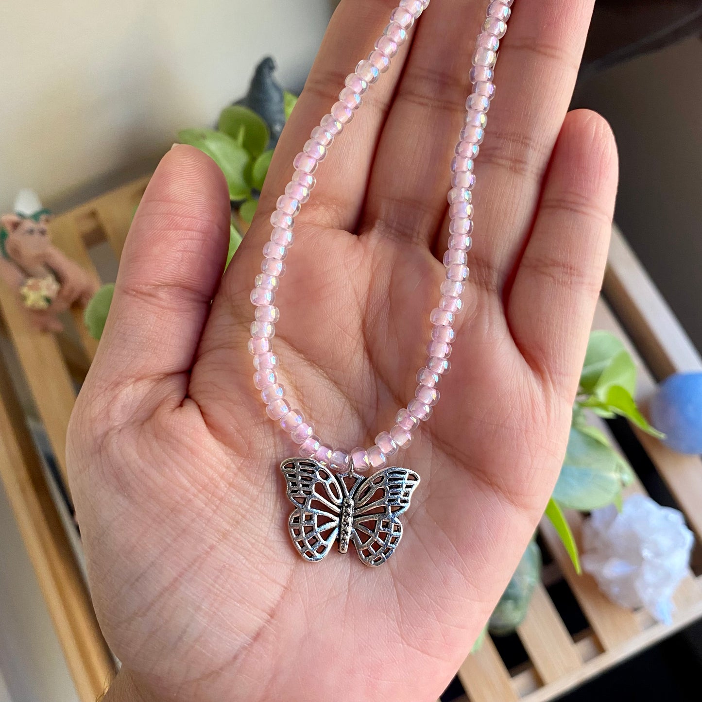 Pink Butterfly Beaded Necklace